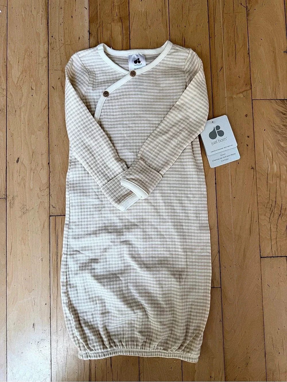 Just Born Baby Checkered Sleep Gown Cream & Brown Baby 0-6 Months NWT